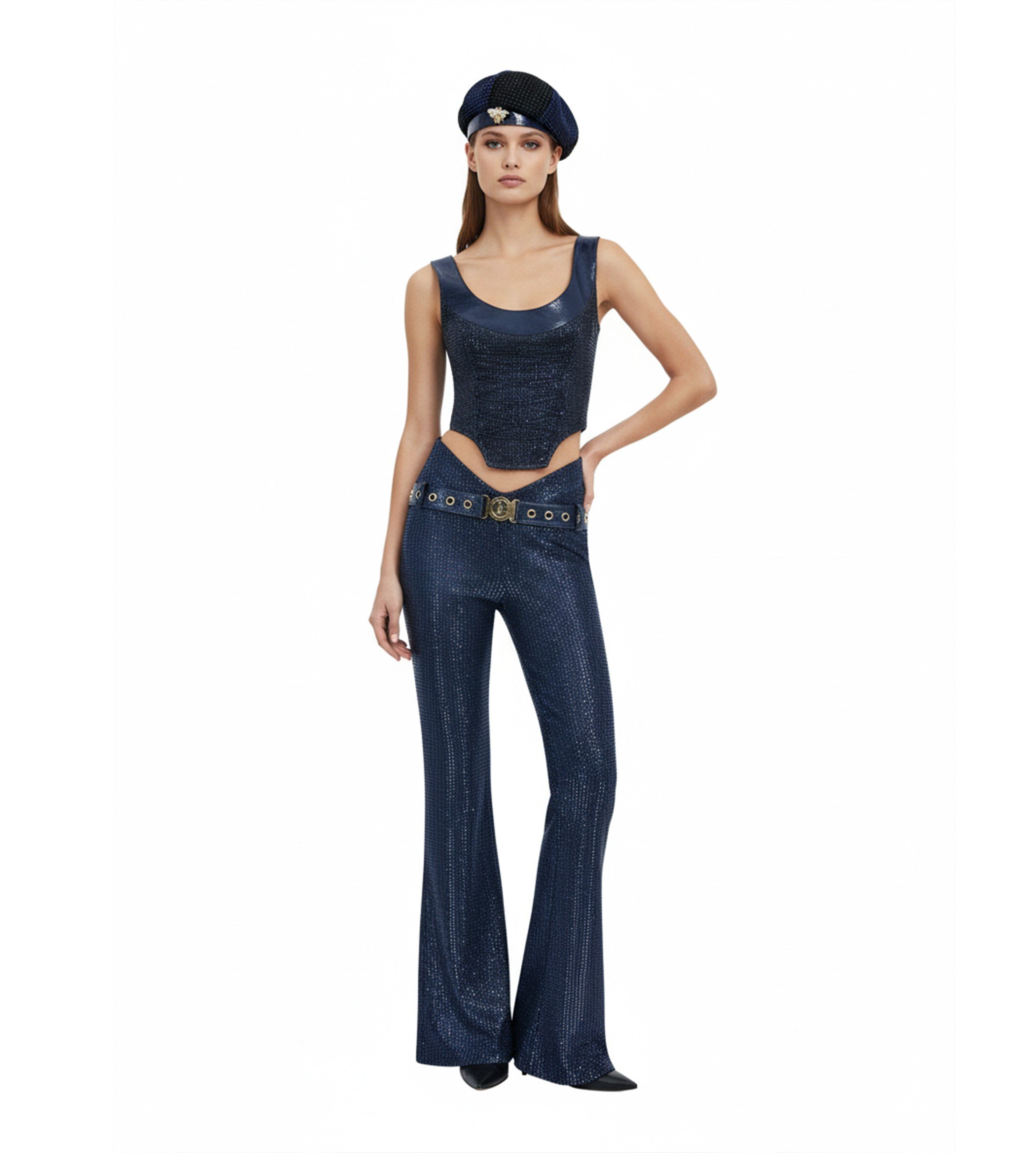 Navy Blue Flared Trousers – Navy Belt Detail 
