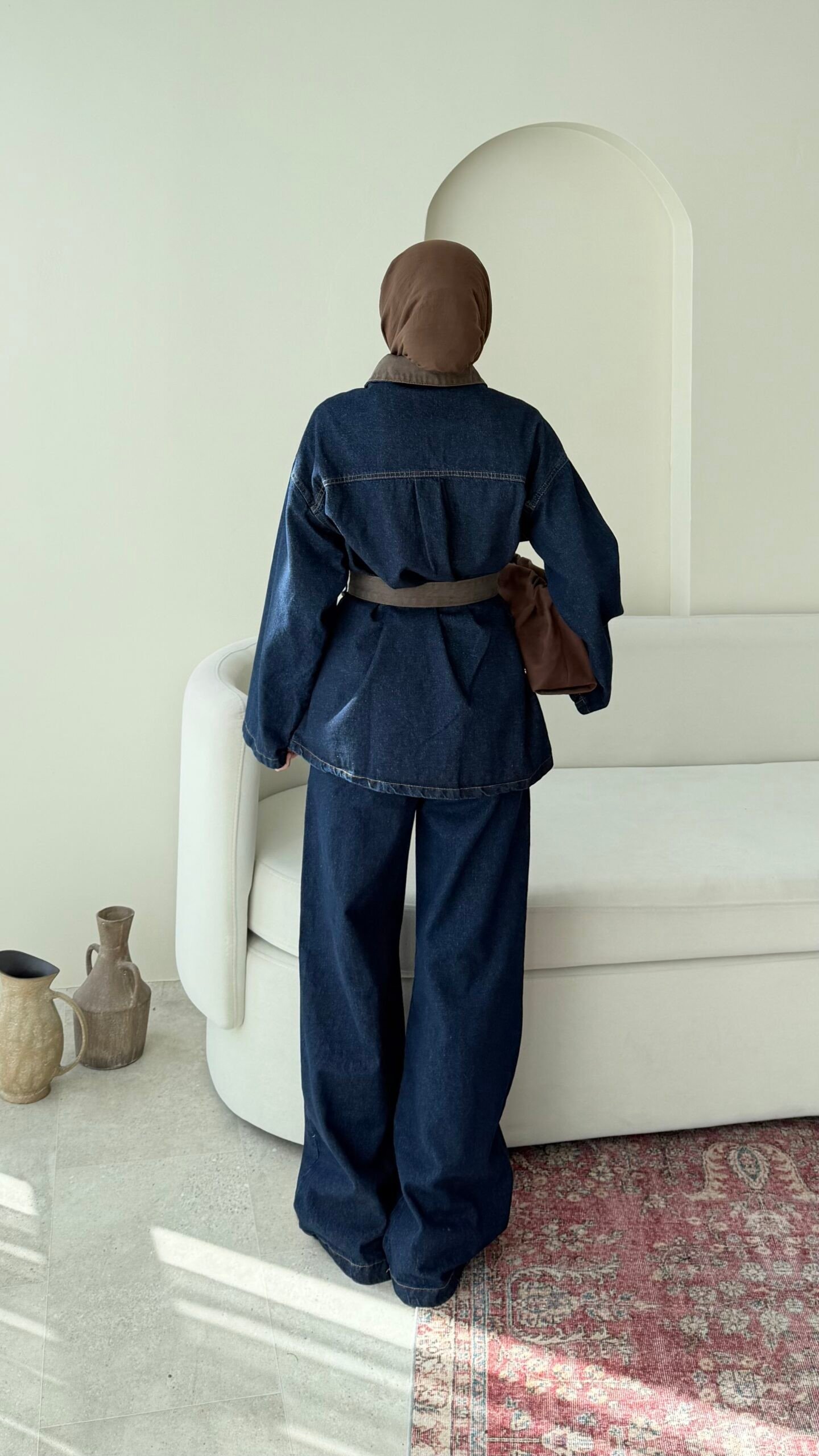  Kadın Düğmeli ve Kemerli Denim İkili Takım M61824 - Kot