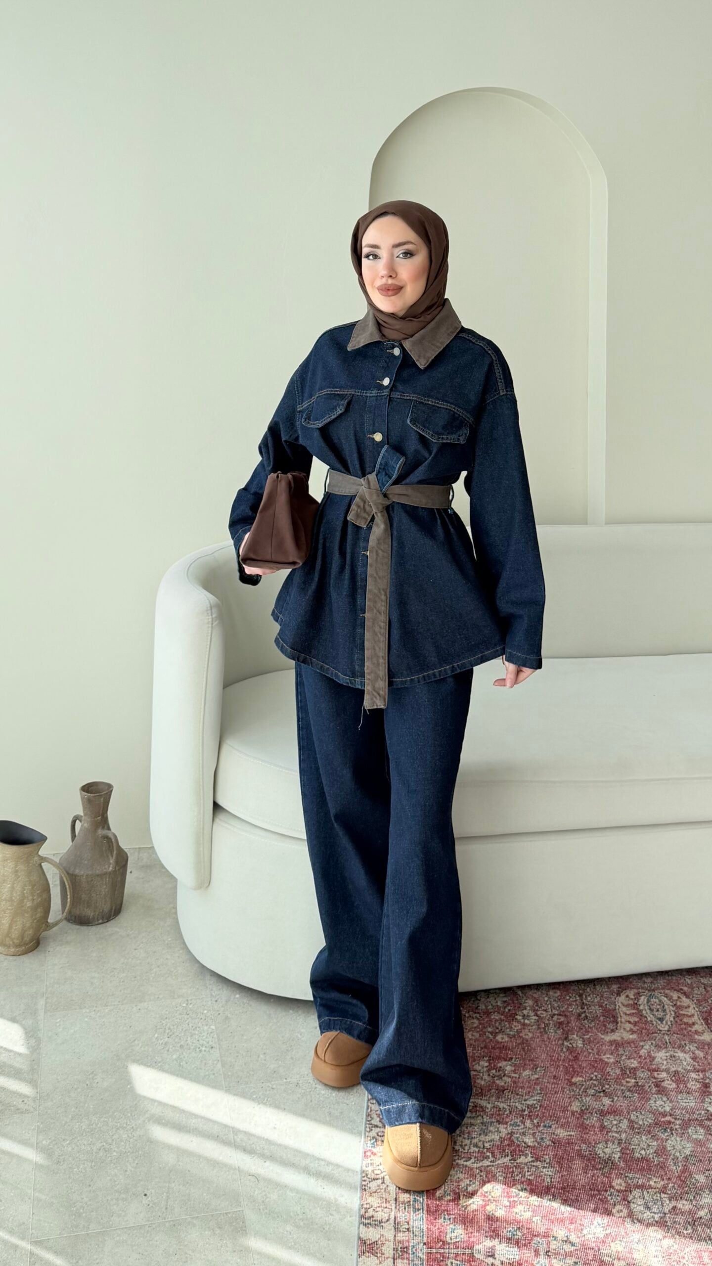  Kadın Düğmeli ve Kemerli Denim İkili Takım M61824 - Kot