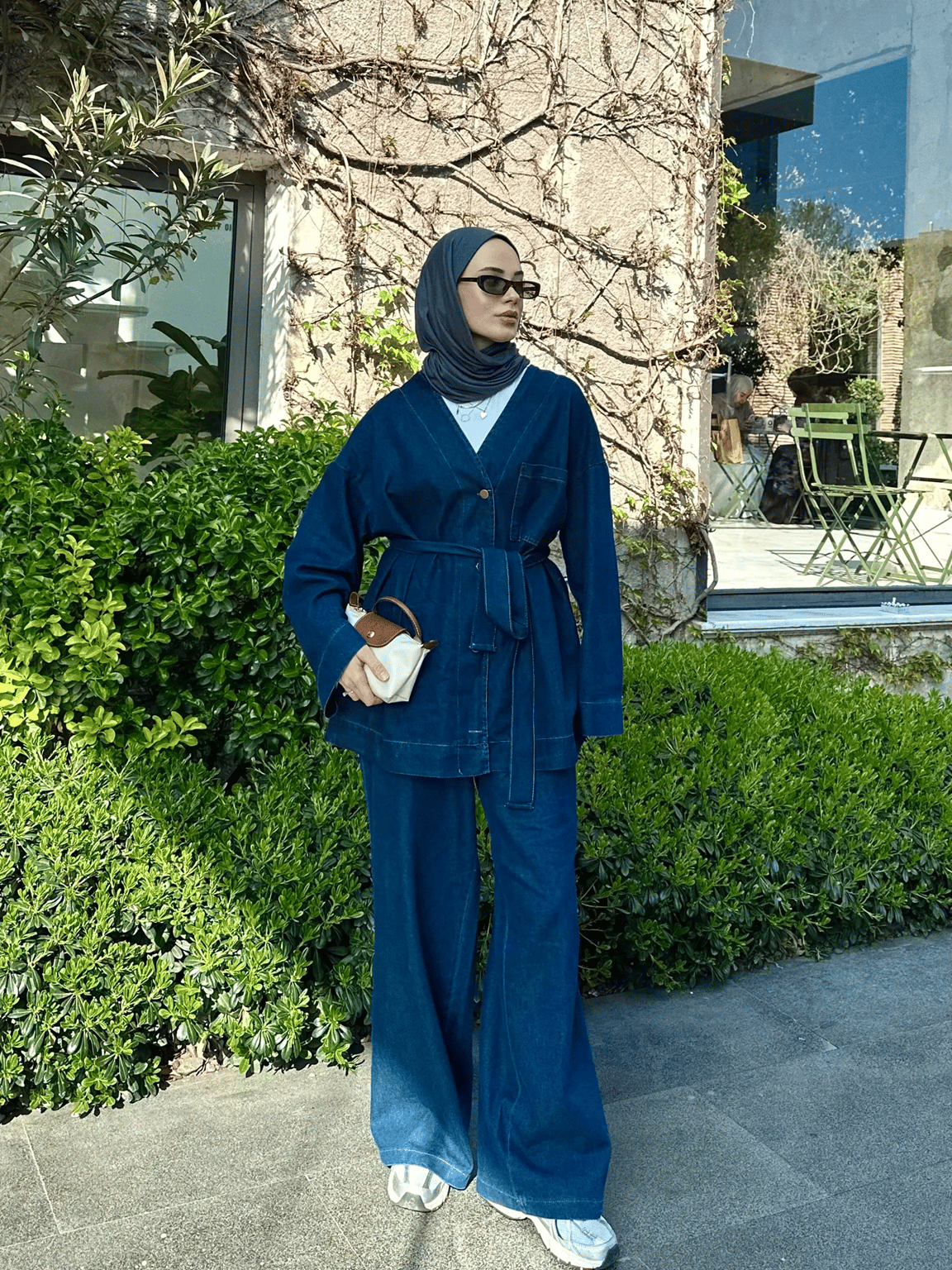  Kadın Düğmeli ve Kemerli Denim İkili Takım M61824 -  Koyu Kot