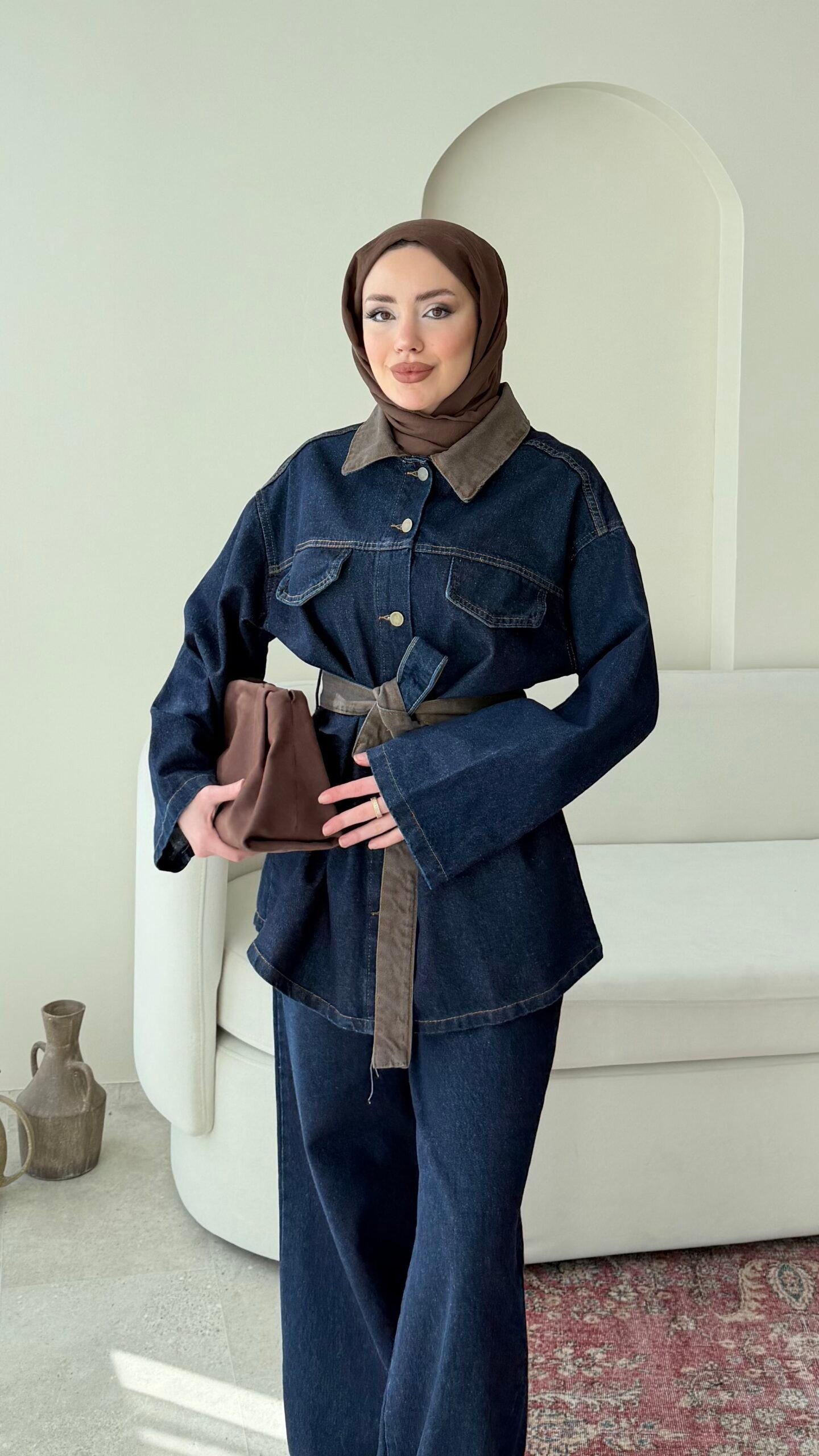  Kadın Düğmeli ve Kemerli Denim İkili Takım M61824 - Kot