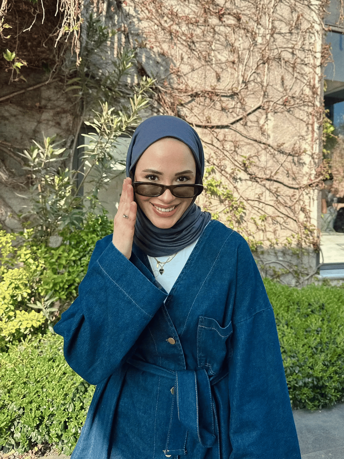  Kadın Düğmeli ve Kemerli Denim İkili Takım M61824 -  Koyu Kot