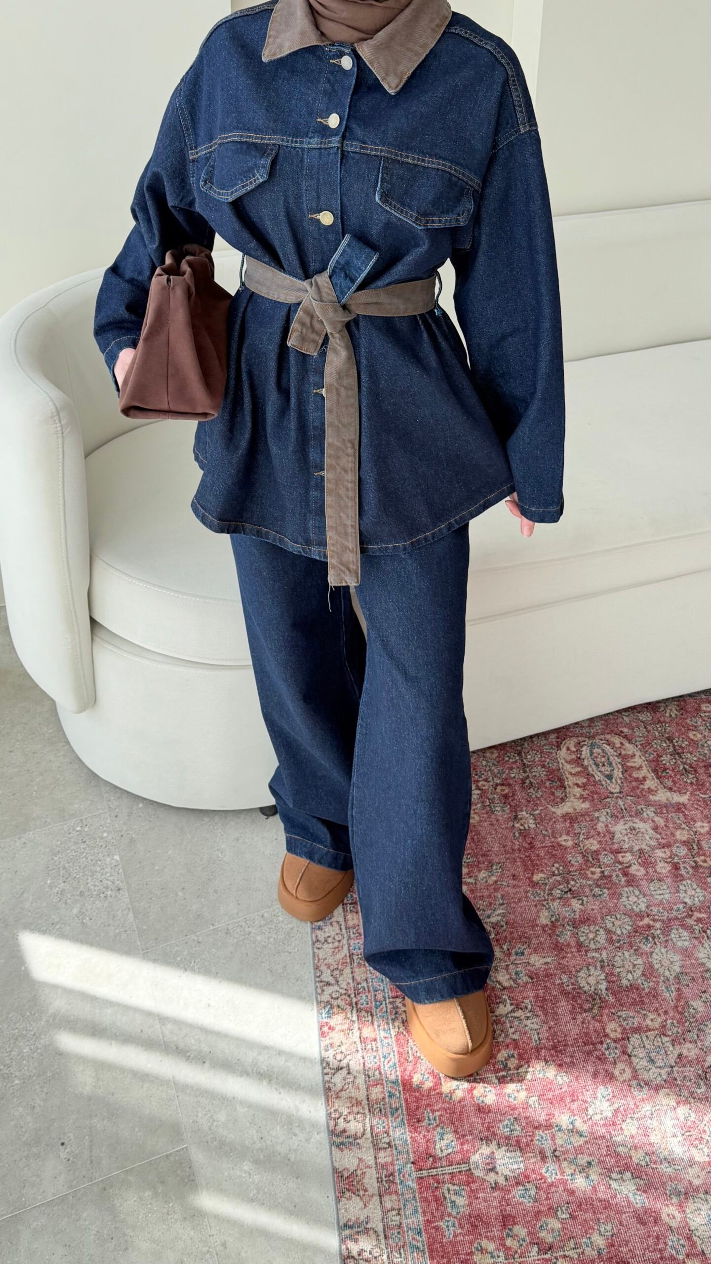  Kadın Düğmeli ve Kemerli Denim İkili Takım M61824 - Kot