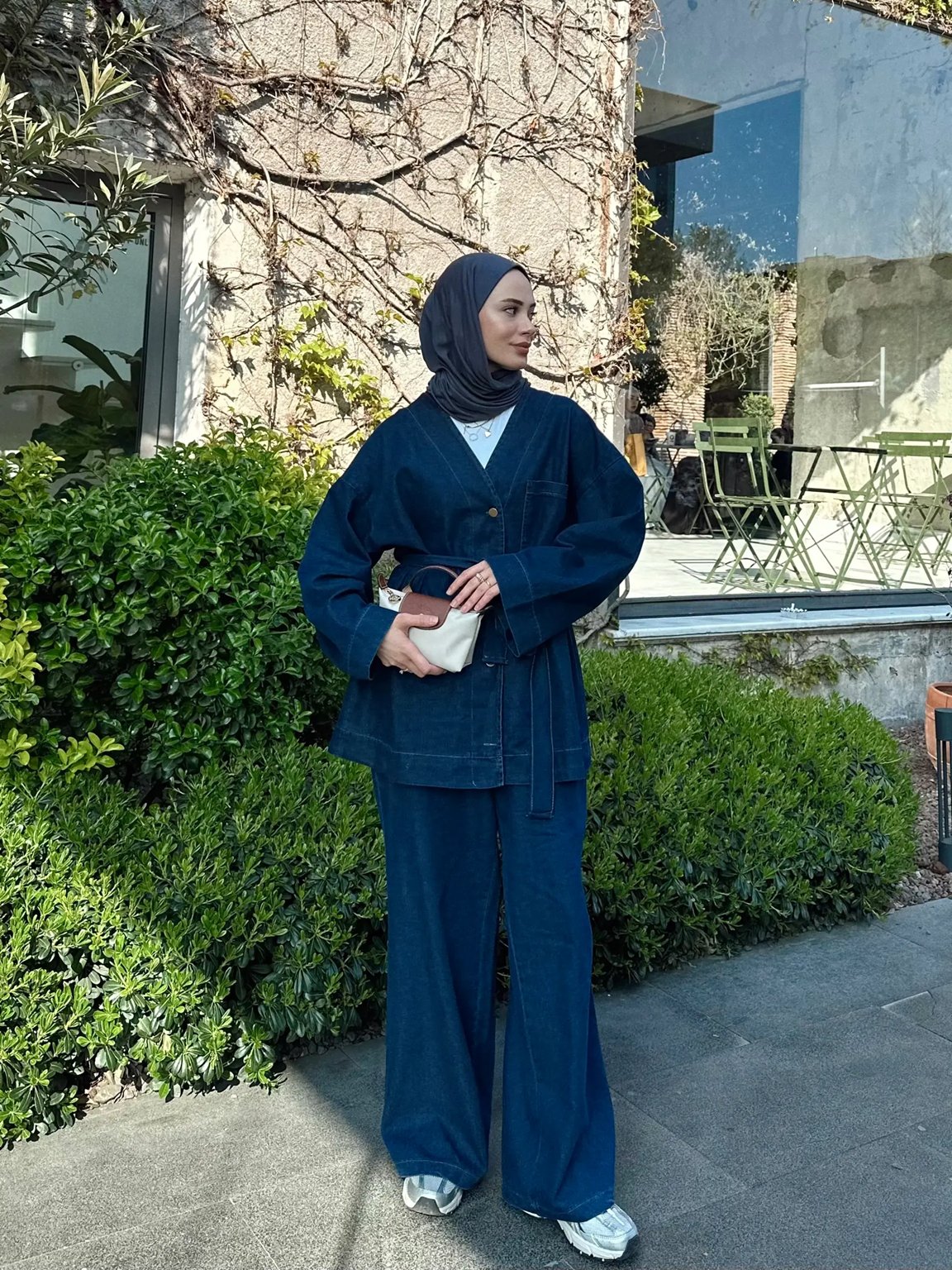  Kadın Düğmeli ve Kemerli Denim İkili Takım M61824 -  Koyu Kot