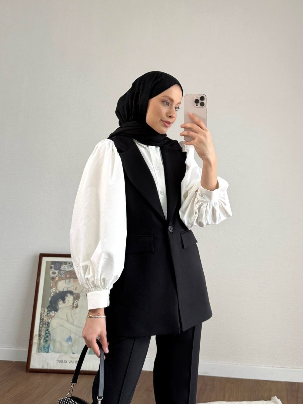 Double Kumaş Tek Düğme Yelek ve Pantolon Takım - Siyah