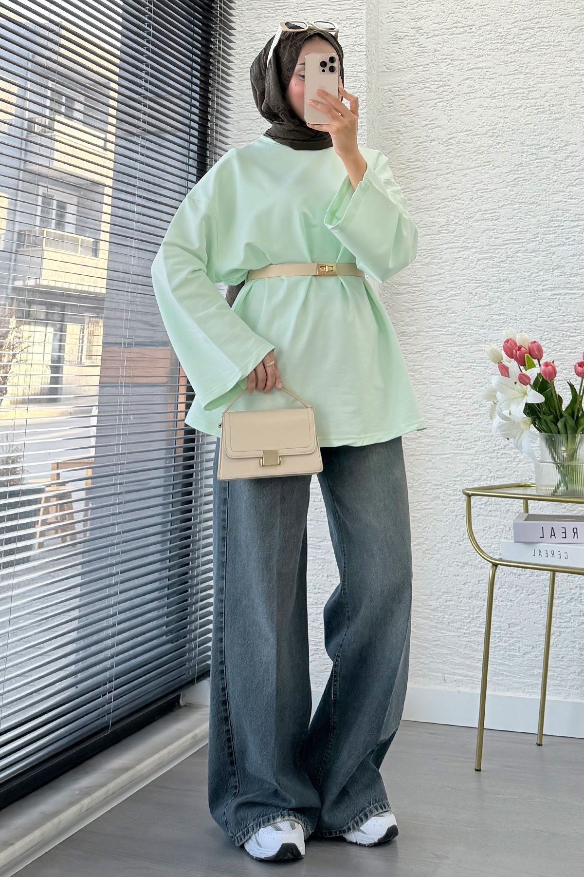 Kadın Basic Sweatshirt Tunik M52419- Mint