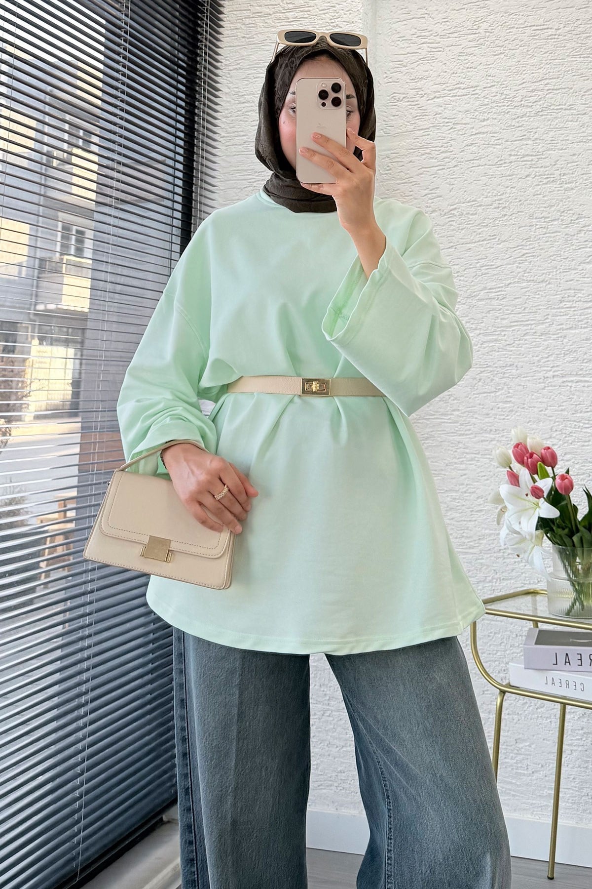 Kadın Basic Sweatshirt Tunik M52419- Mint