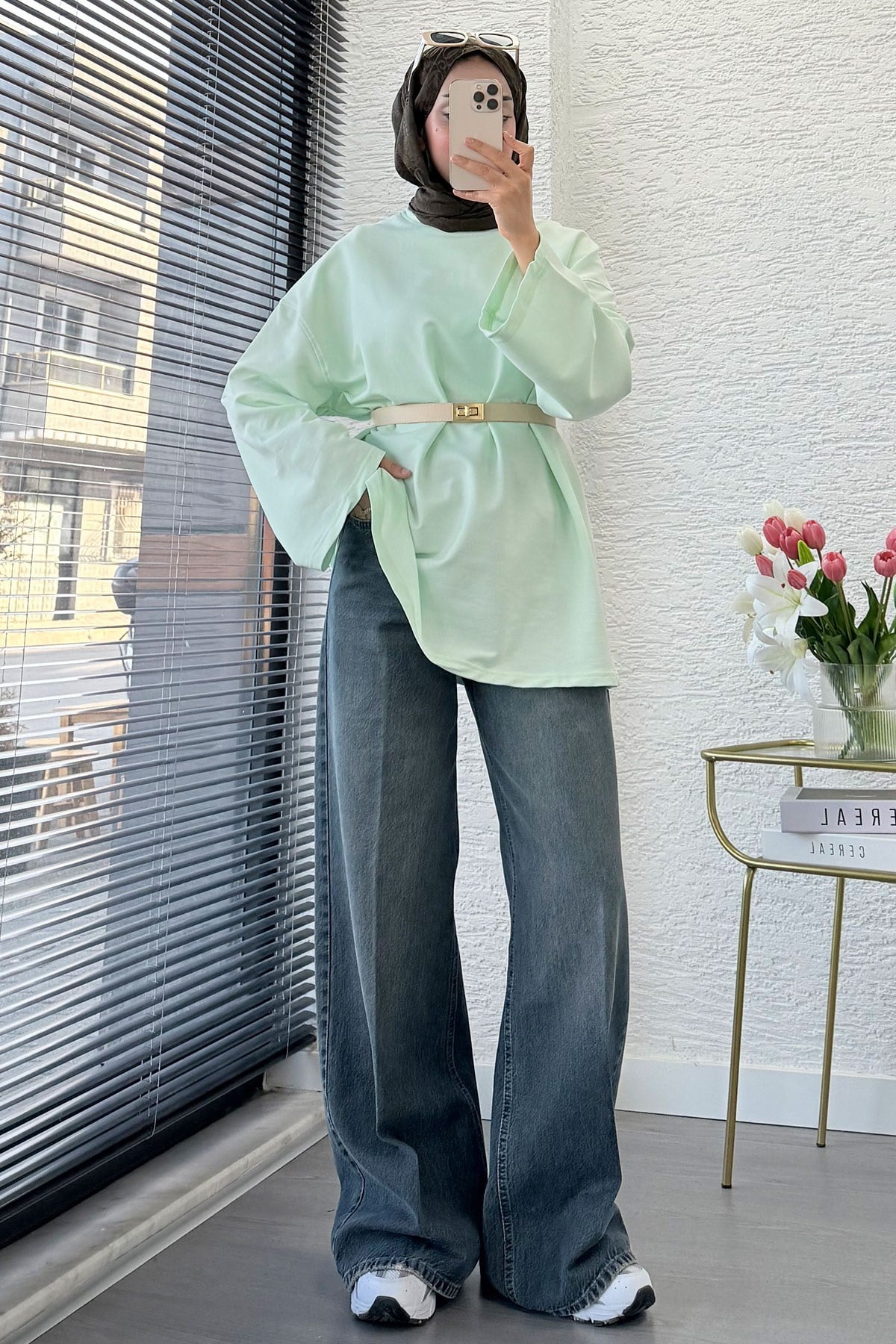 Kadın Basic Sweatshirt Tunik M52419- Mint