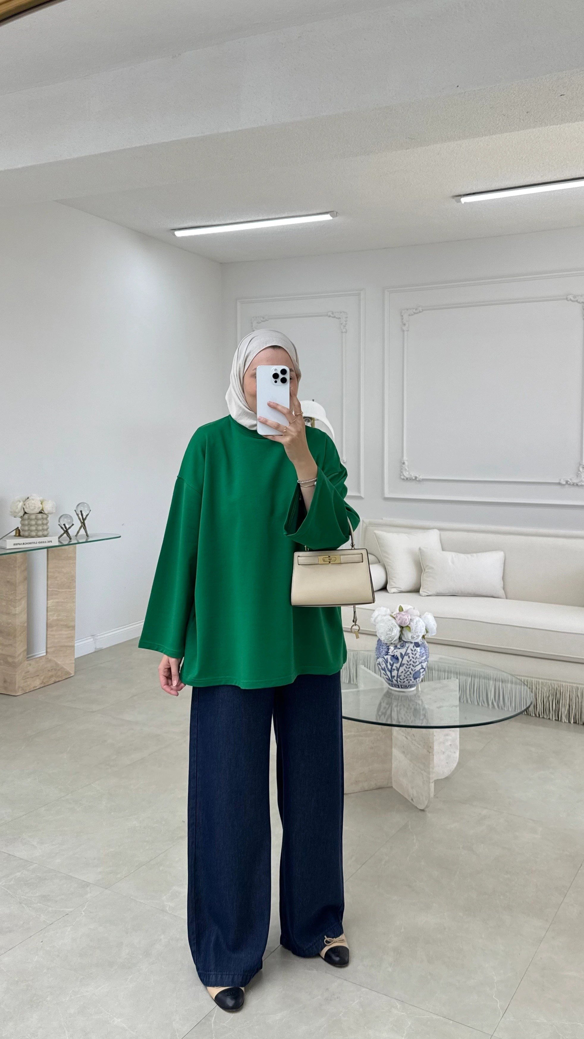 Kadın Basic Sweatshirt Tunik M52419- Zümrüt Yeşili