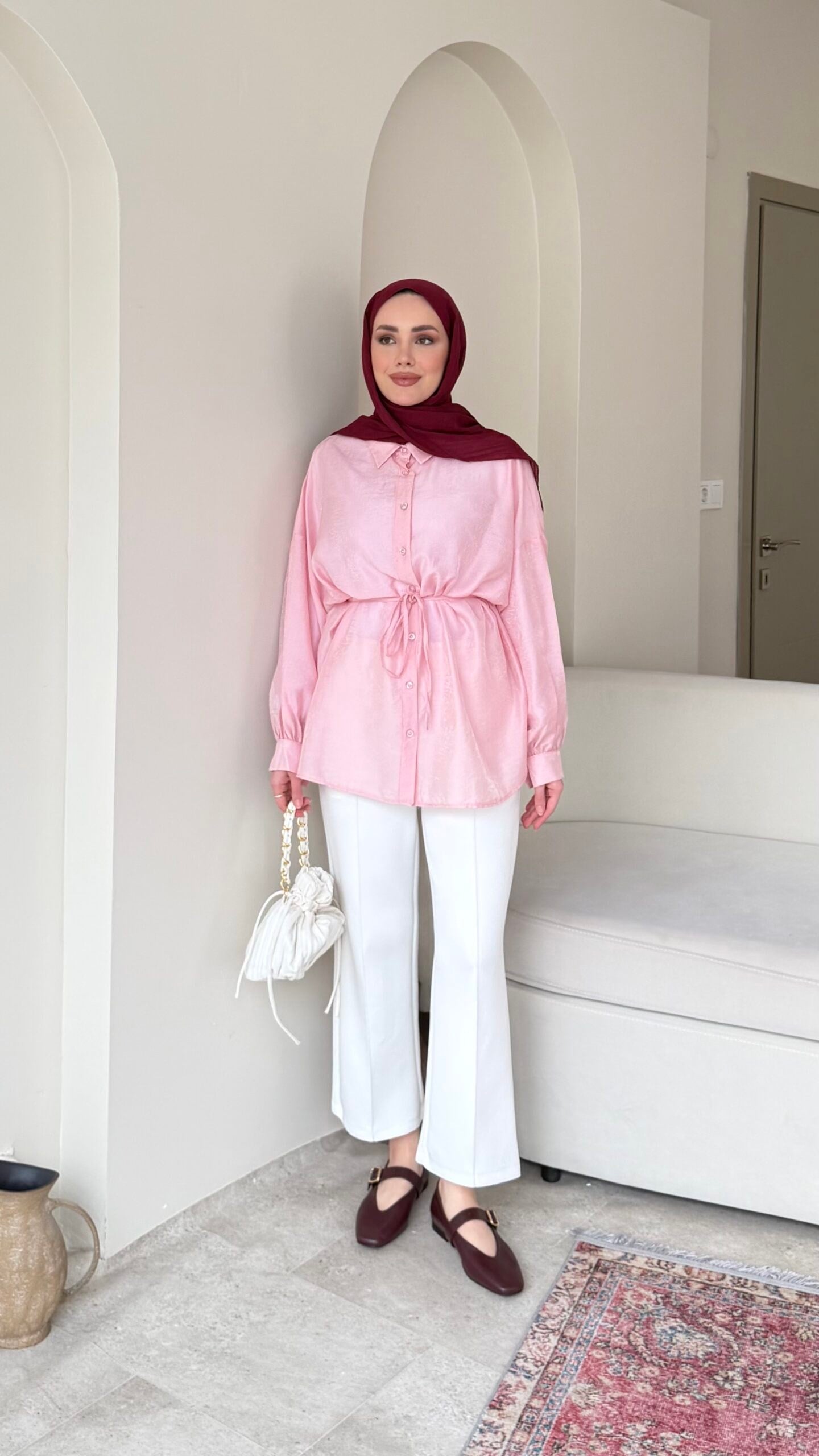 Kadın Bel Bağlamalı Tesettür Gömlek M1980 - Pembe