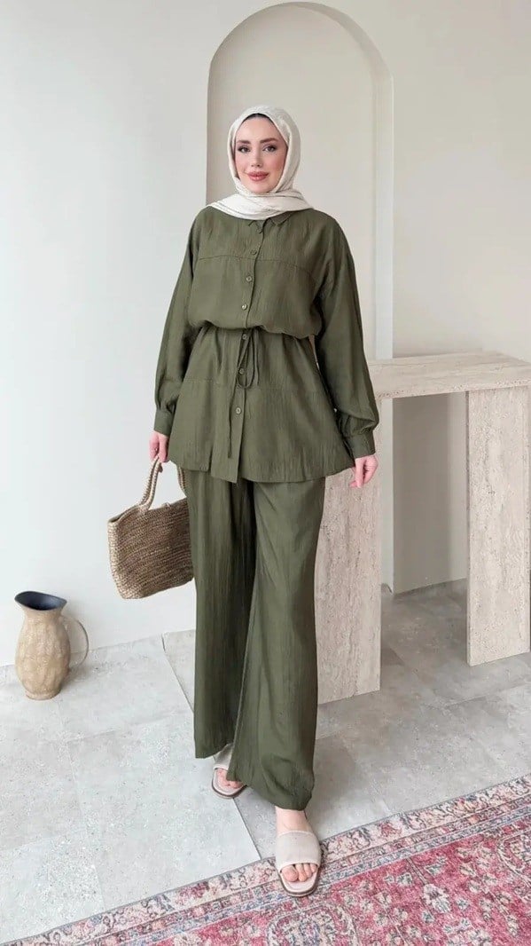 Kadın Belden Bağlamalı Tunik Pantolon Takım M6034 - Haki