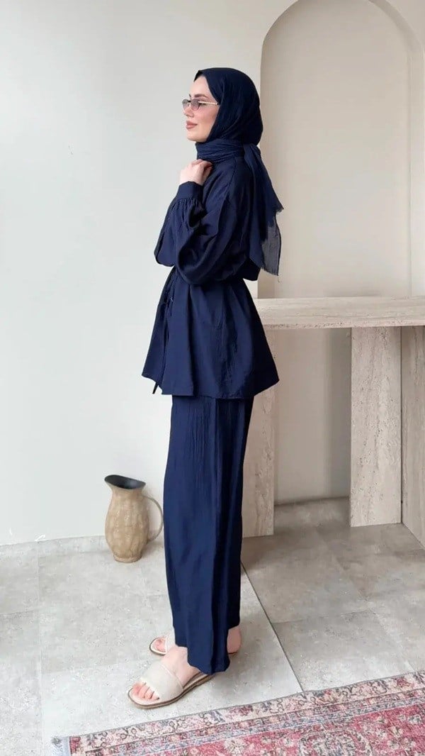 Kadın Belden Bağlamalı Tunik Pantolon Takım M6034 - Lacivert