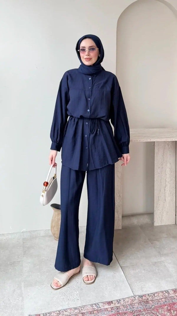 Kadın Belden Bağlamalı Tunik Pantolon Takım M6034 - Lacivert