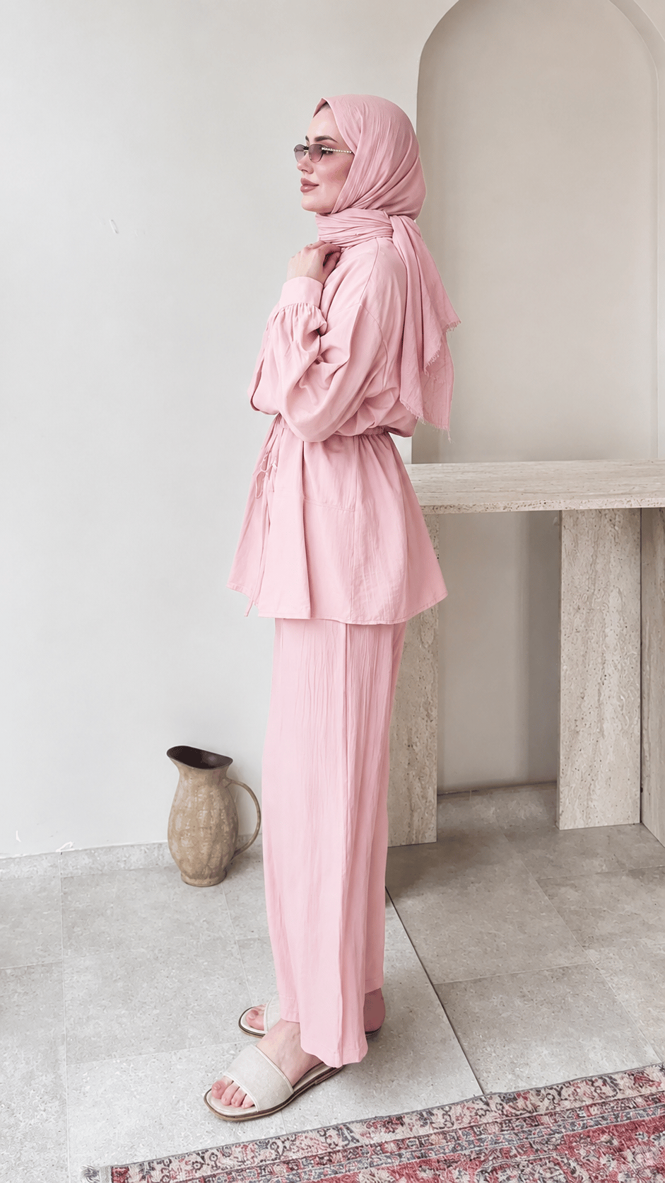 Kadın Belden Bağlamalı Tunik Pantolon Takım M6034 - Pembe