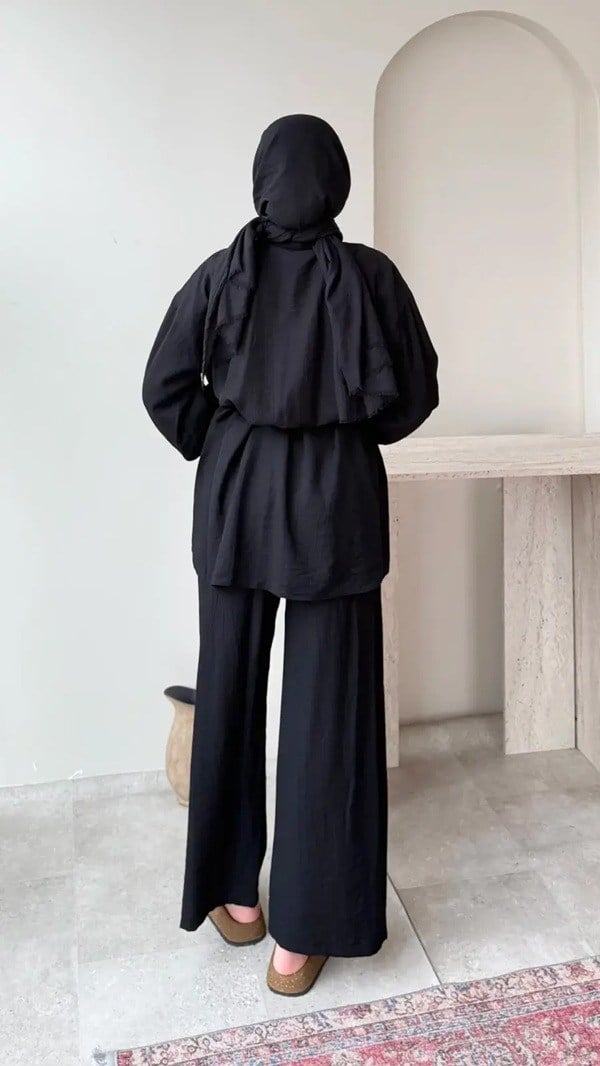 Kadın Belden Bağlamalı Tunik Pantolon Takım M6034 - Siyah