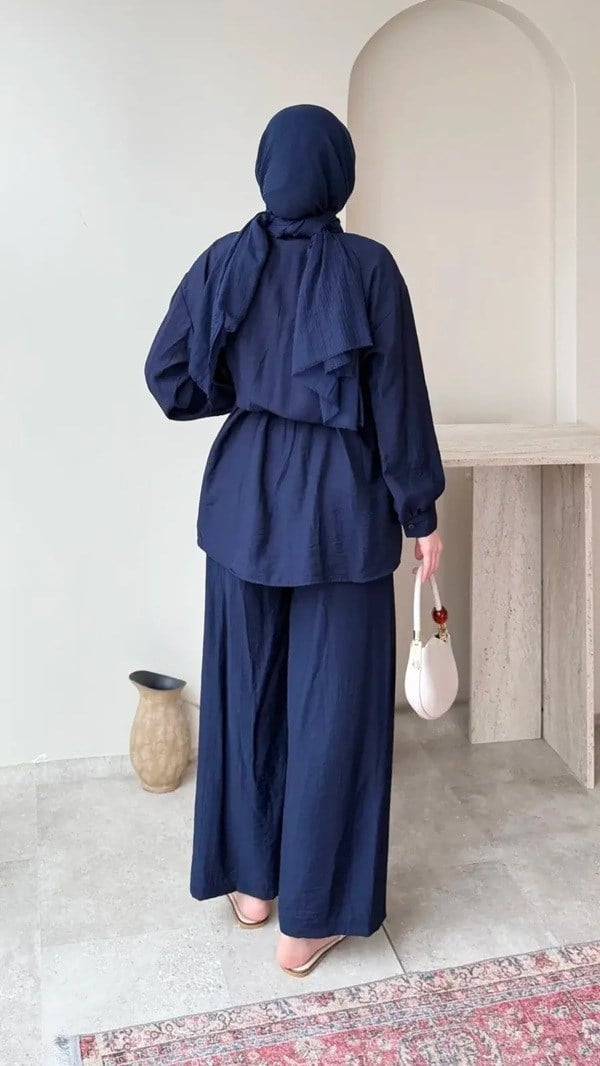 Kadın Belden Bağlamalı Tunik Pantolon Takım M6034 - Lacivert