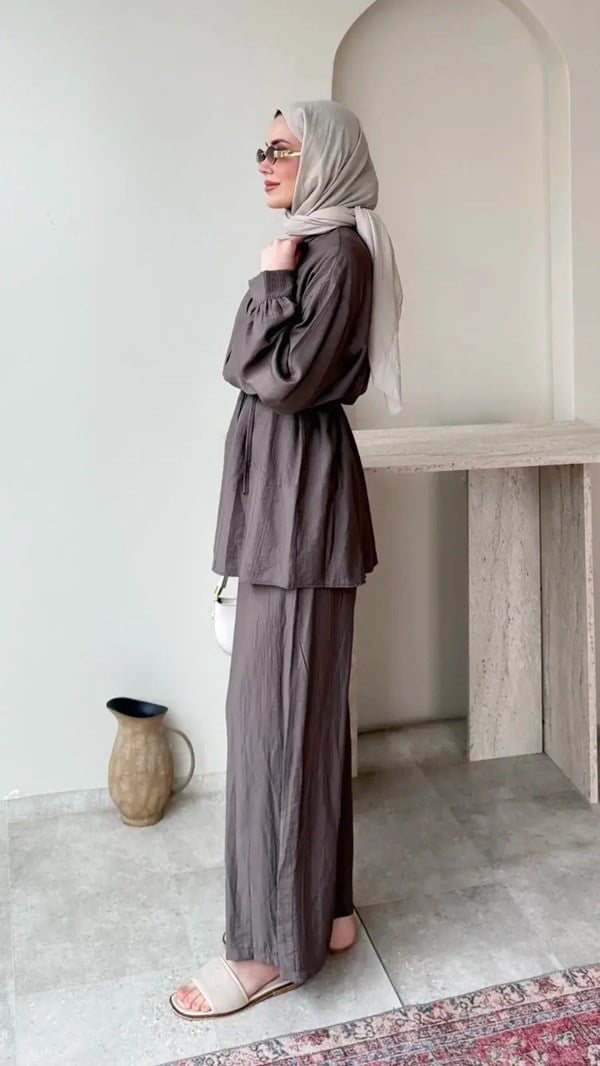 Kadın Belden Bağlamalı Tunik Pantolon Takım M6034 - Vizon