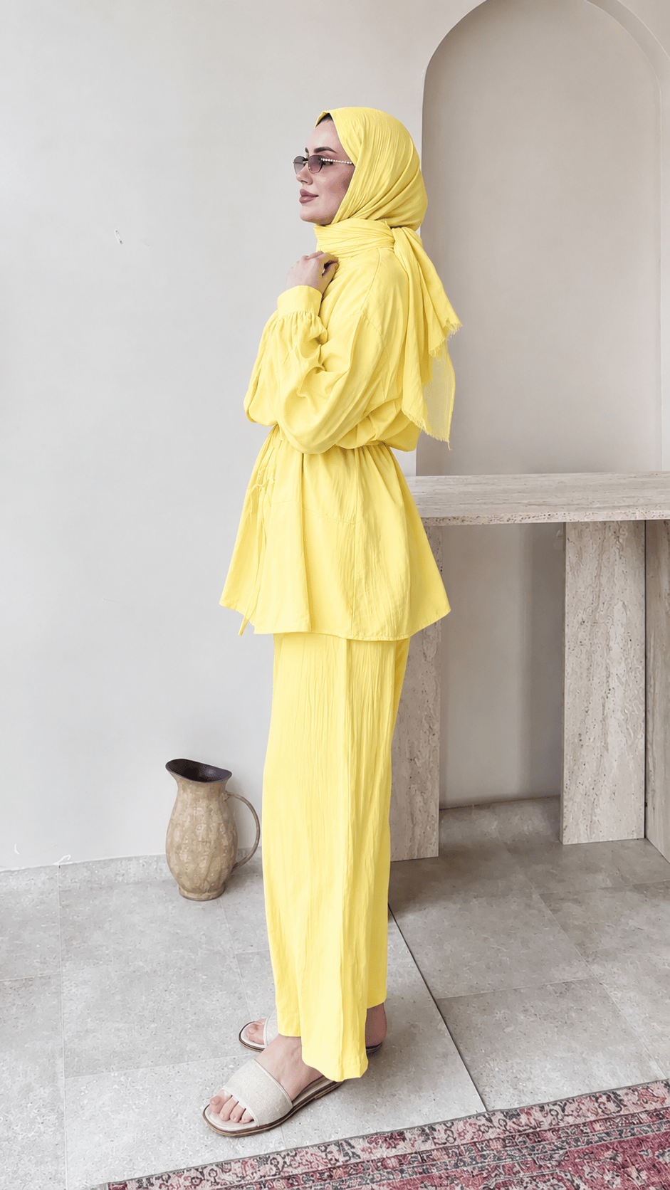 Kadın Belden Bağlamalı Tunik Pantolon Takım M6034 - Sarı