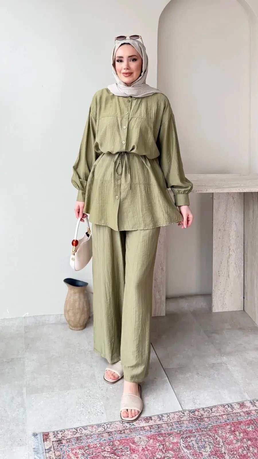 Kadın Belden Bağlamalı Tunik Pantolon Takım M6034 - Yeşil