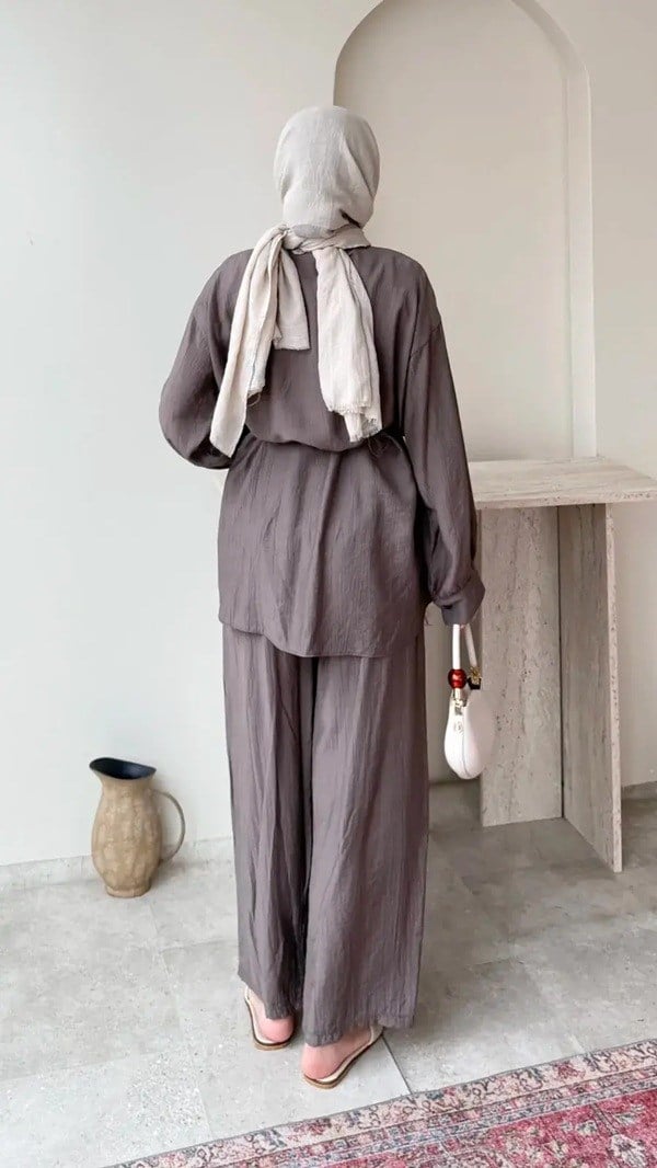 Kadın Belden Bağlamalı Tunik Pantolon Takım M6034 - Vizon