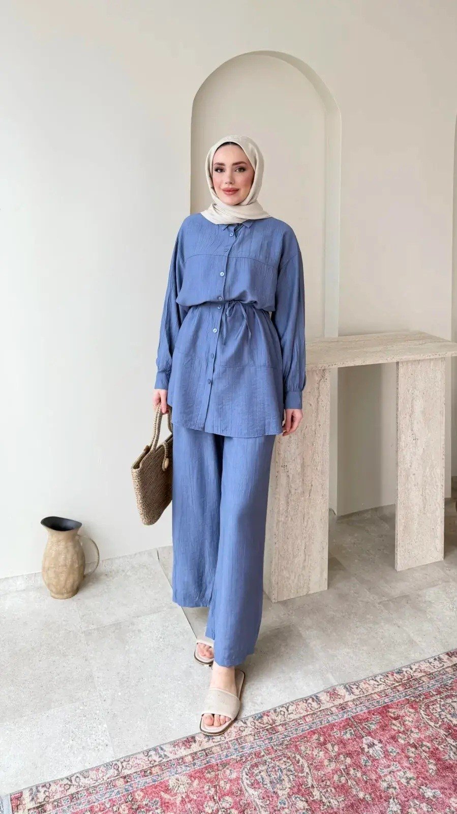 Kadın Belden Bağlamalı Tunik Pantolon Takım M6034 - Mavi