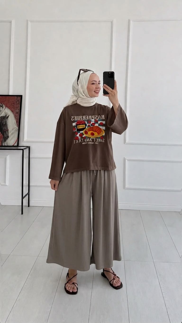 Kadın Beli Lastikli Bol Paça Dökümlü Pantolon - Vizon 