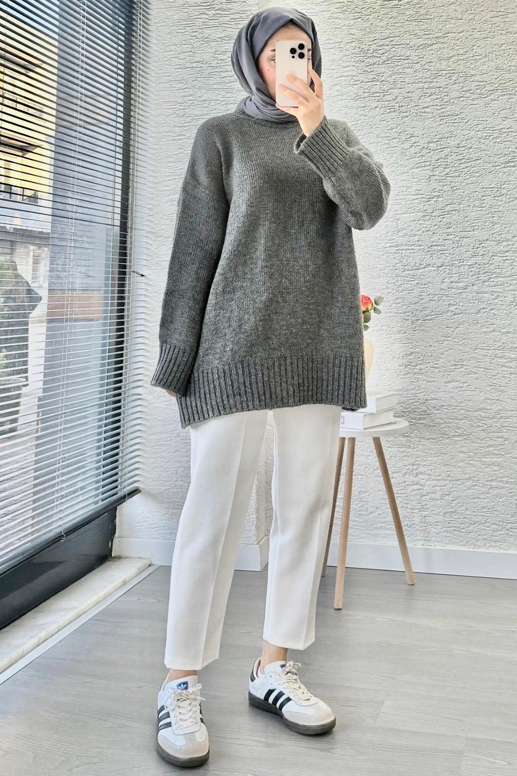 Kadın Bisiklet Yaka Oversize Kazak - Antrasit