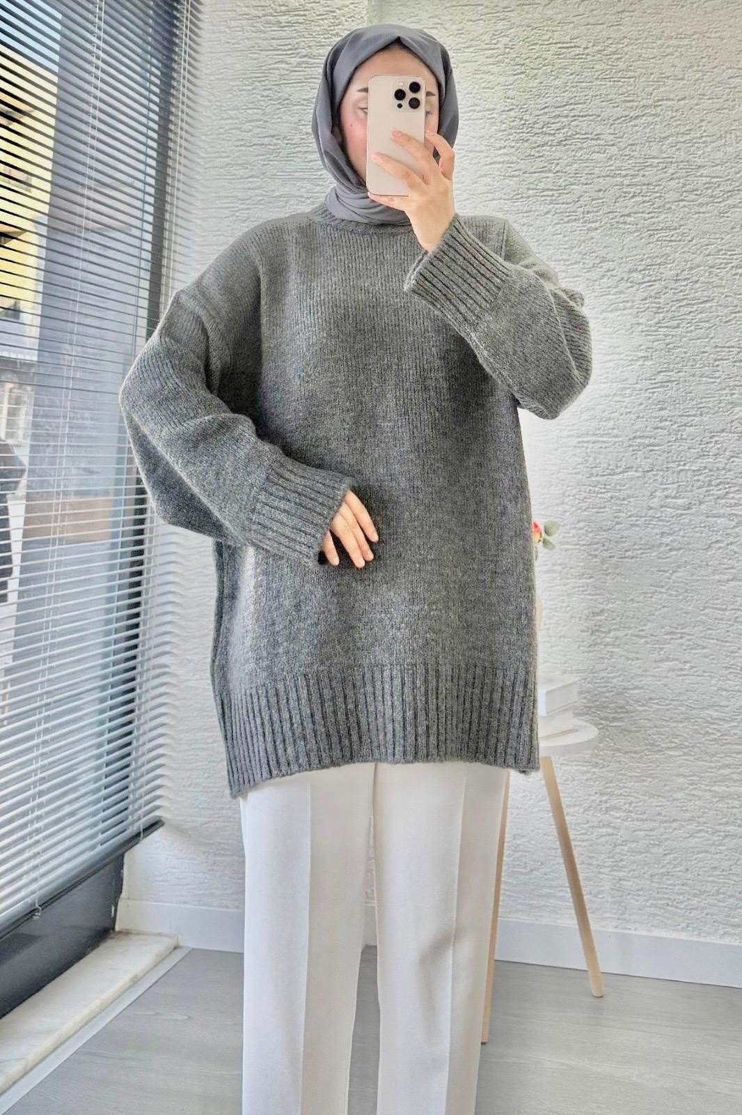Kadın Bisiklet Yaka Oversize Kazak - Antrasit