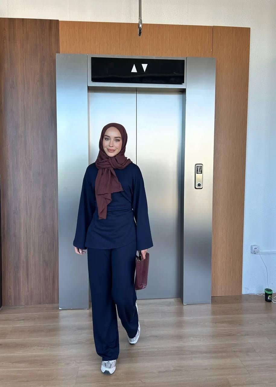 Kadın Biye Arkadan  Bağlama Tunik ve Pantolon İkili Takım M62818 - Lacivert