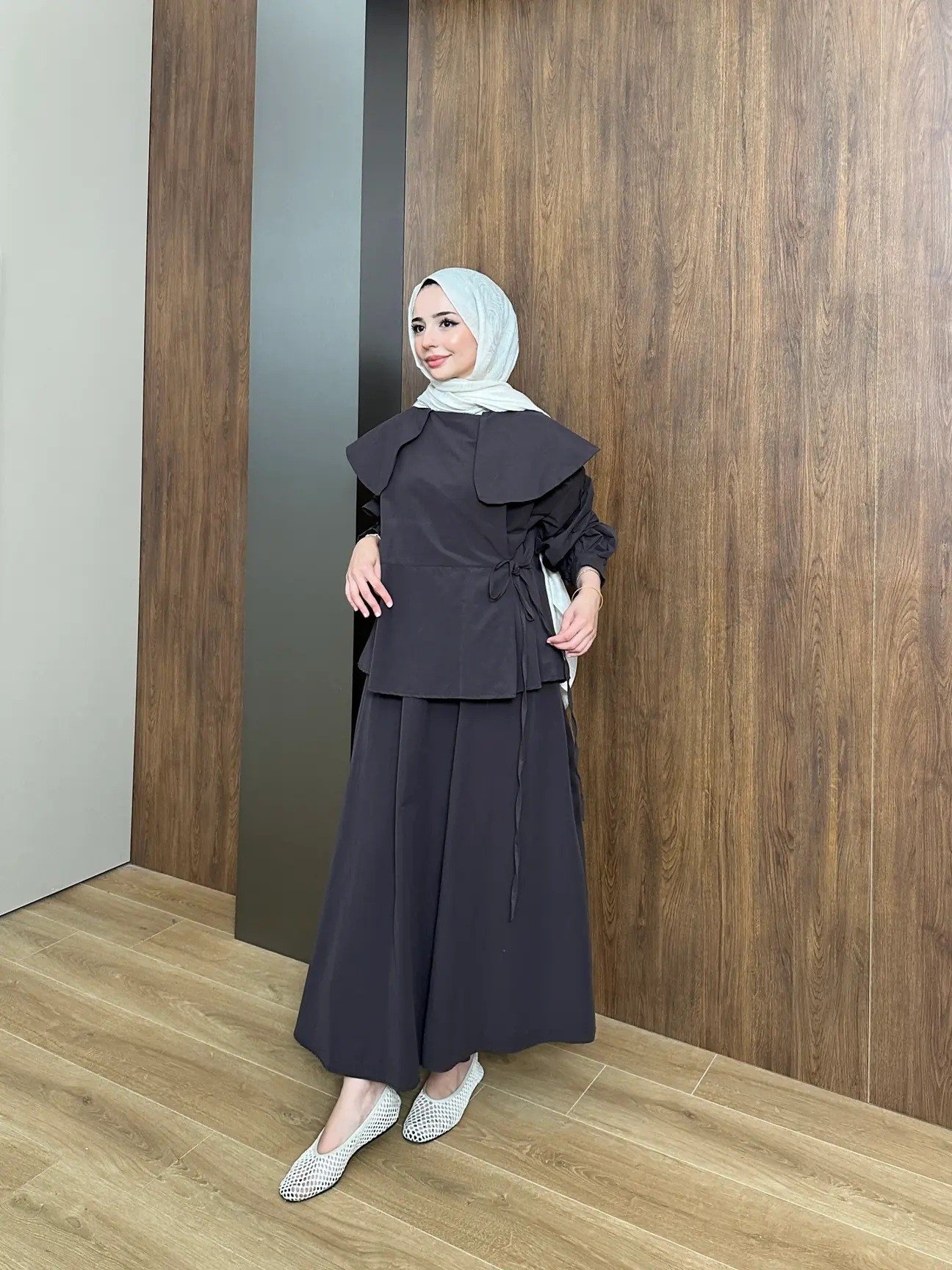Kadın Biye Yan Bağlama ve Yaka Detaylı Etekli İkili Takım M62817 - Kahverengi