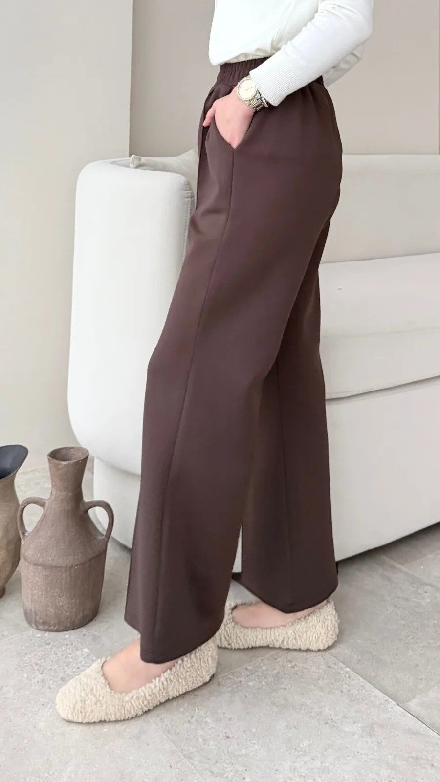 Kadın Bol Paça Çımalı Scuba Pantolon M7071 - Kahverengi
