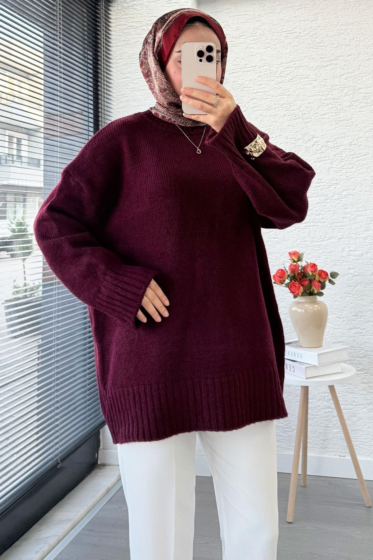 Kadın Bordo Bisiklet Yaka Basic Kazak