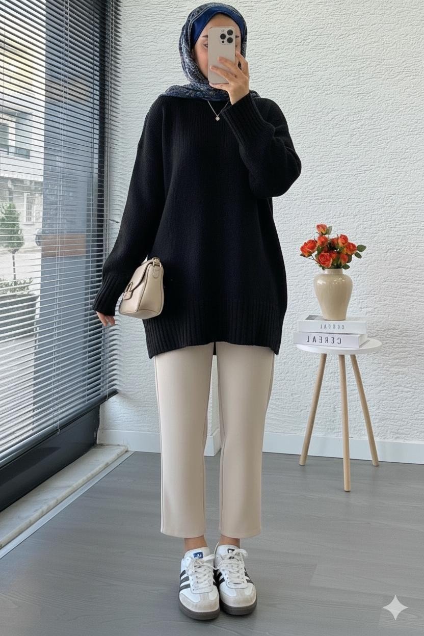 Kadın Bordo Bisiklet Yaka Oversize Kazak - Siyah