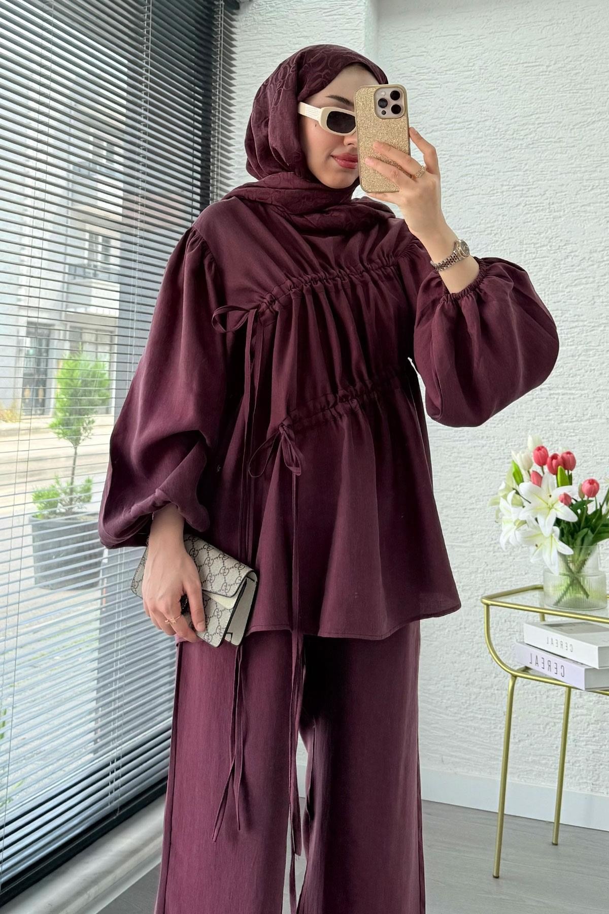 Kadın Büzgü Detaylı Pantolon Takım M61879 - Mürdüm