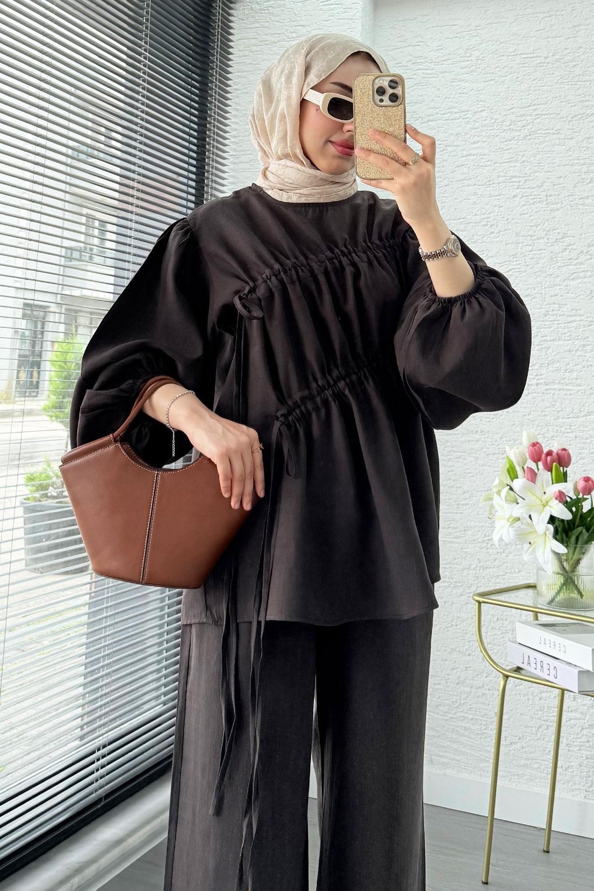 Kadın Büzgü Detaylı Pantolon Takım M61879 - Kahverengi