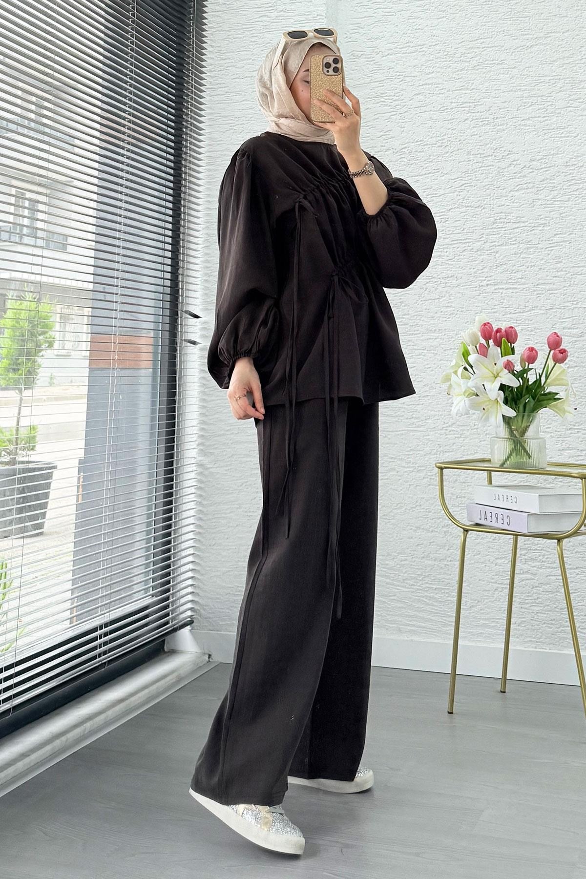 Kadın Büzgü Detaylı Pantolon Takım M61879 - Kahverengi