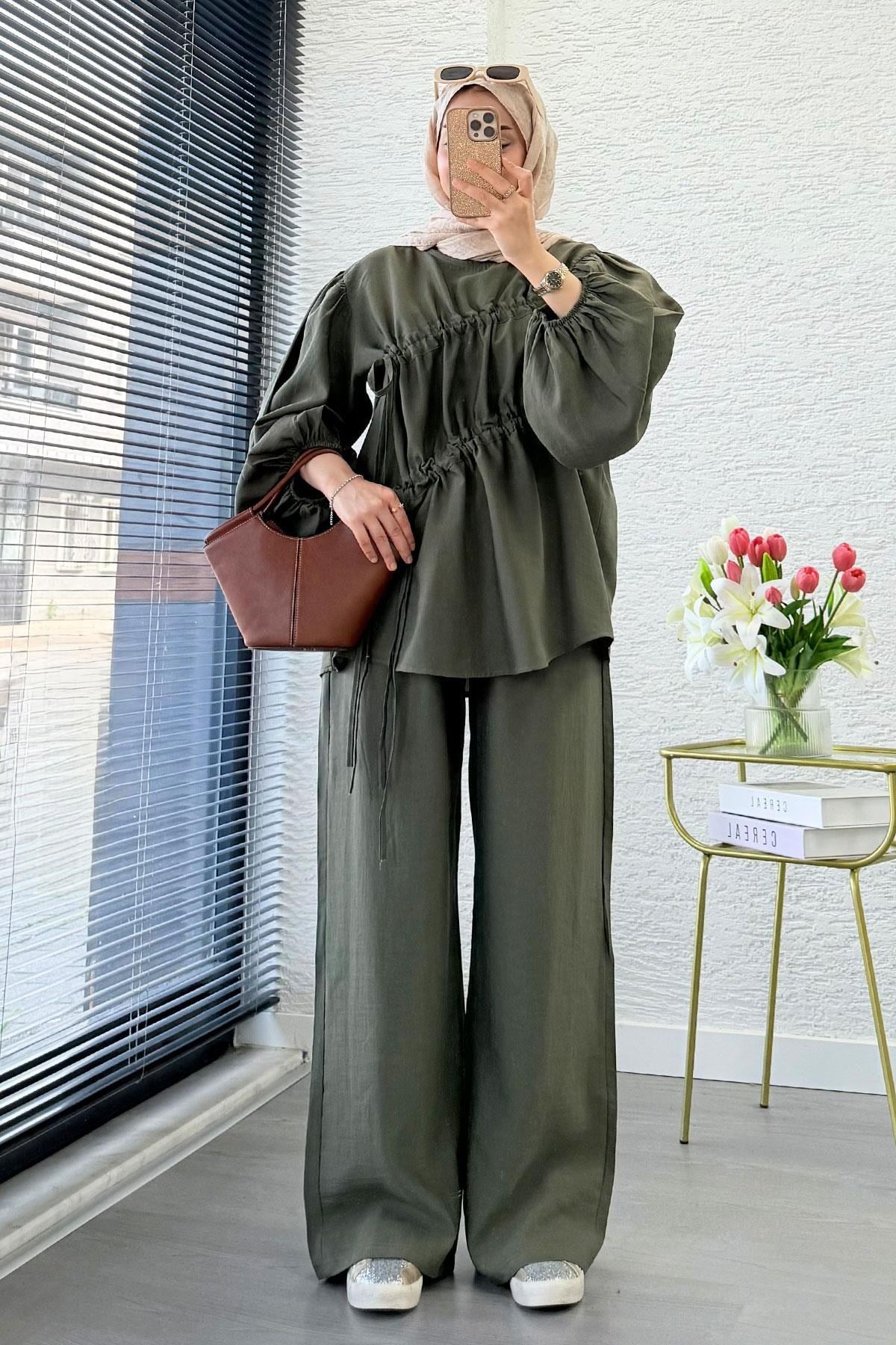 Kadın Büzgü Detaylı Pantolon Takım M61879 - Haki
