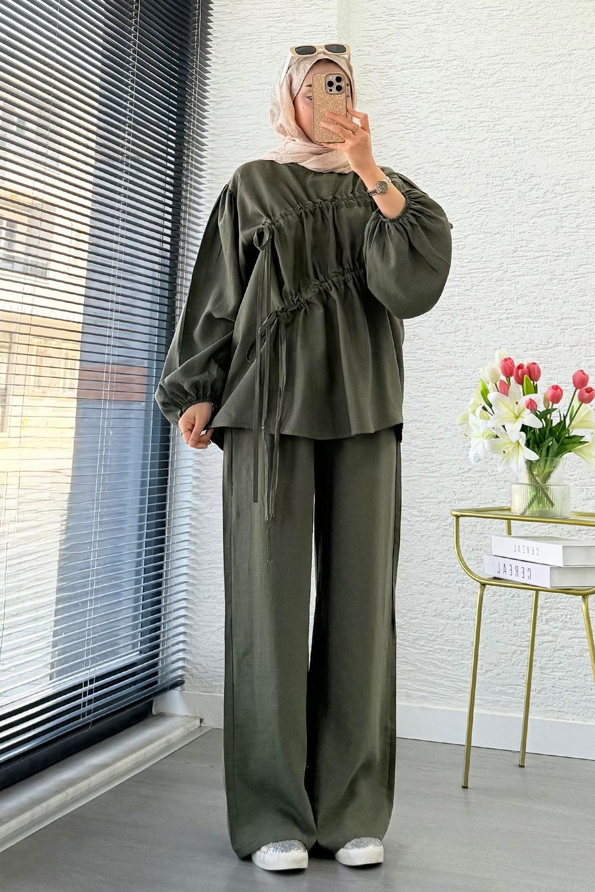 Kadın Büzgü Detaylı Pantolon Takım M61879 - Haki