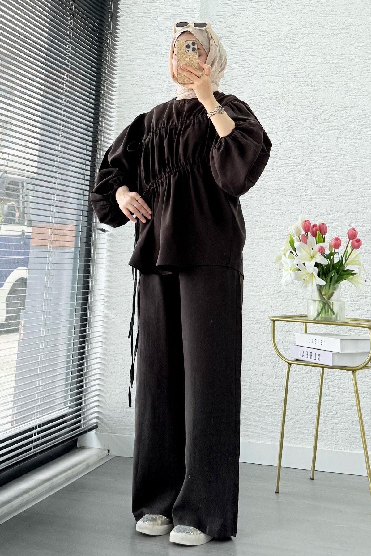 Kadın Büzgü Detaylı Pantolon Takım M61879 - Kahverengi