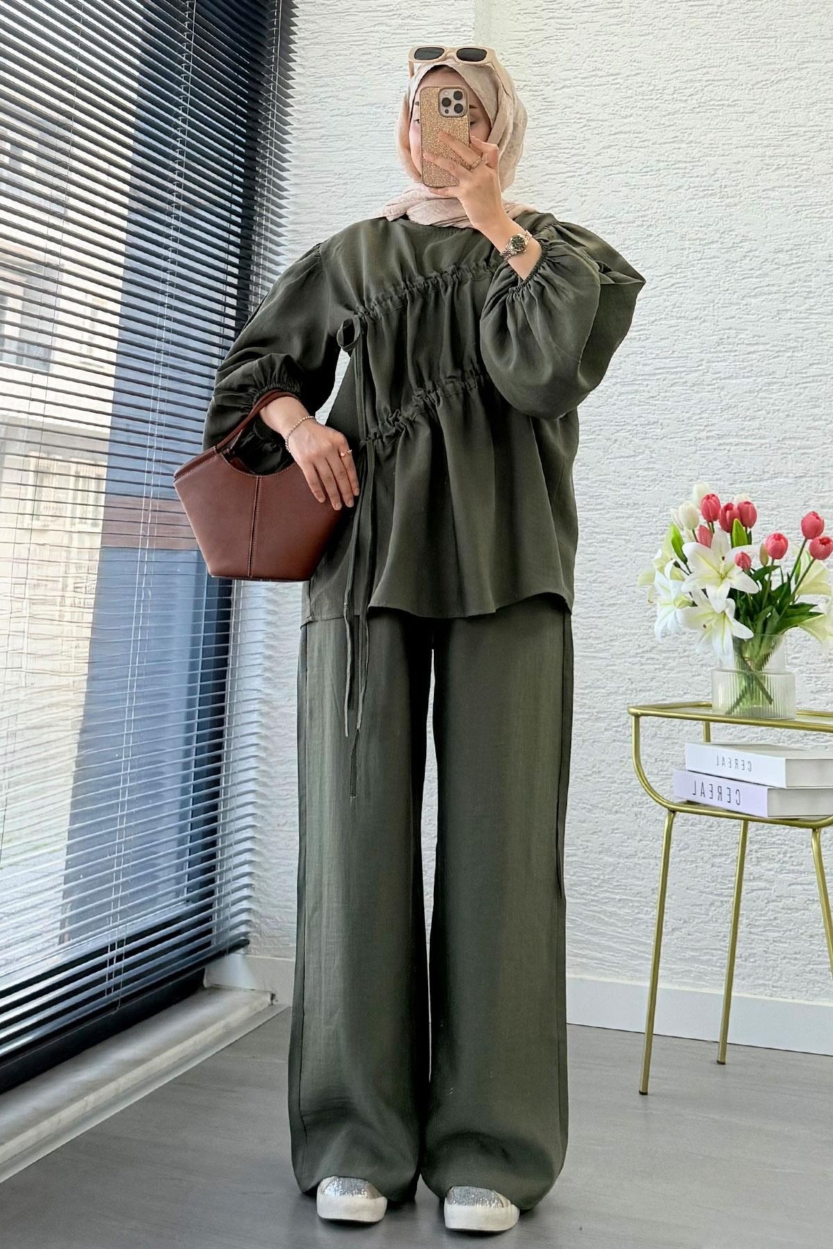 Kadın Büzgü Detaylı Pantolon Takım M61879 - Haki