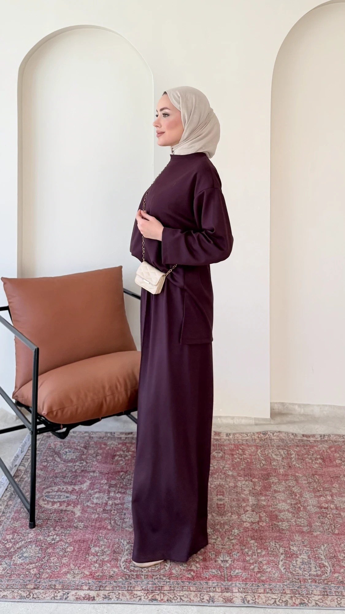 Kadın Çimalı Detay Geniş Paça Tunik Pantolon İkili Takım M2696 - Bordo
