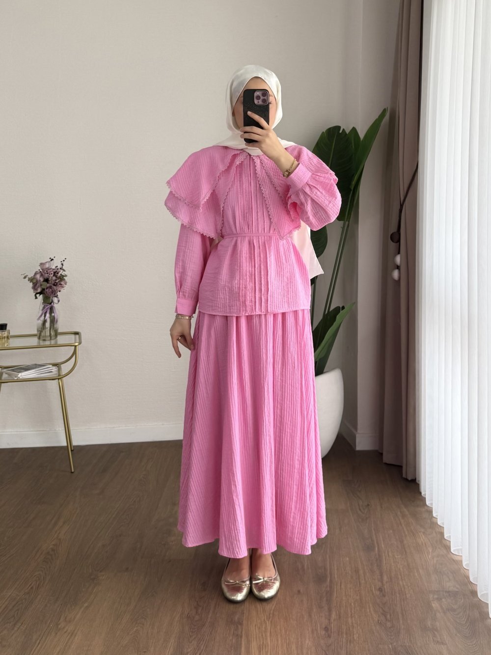 Kadın Dantel Yakalı Begonya Gömlekli Etekli Takım M2667 - Pembe