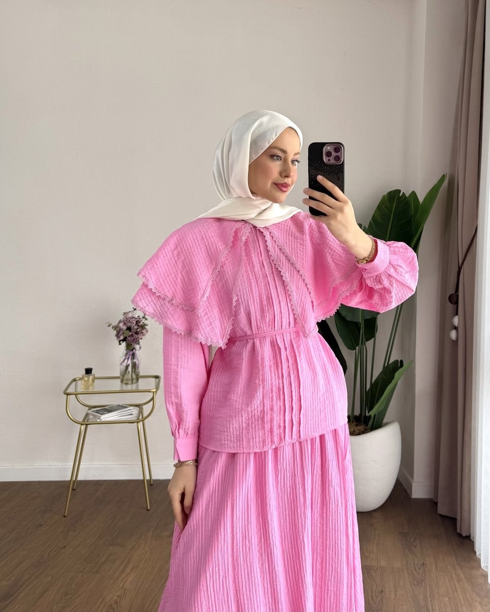 Kadın Dantel Yakalı Begonya Gömlekli Etekli Takım M2667 - Pembe