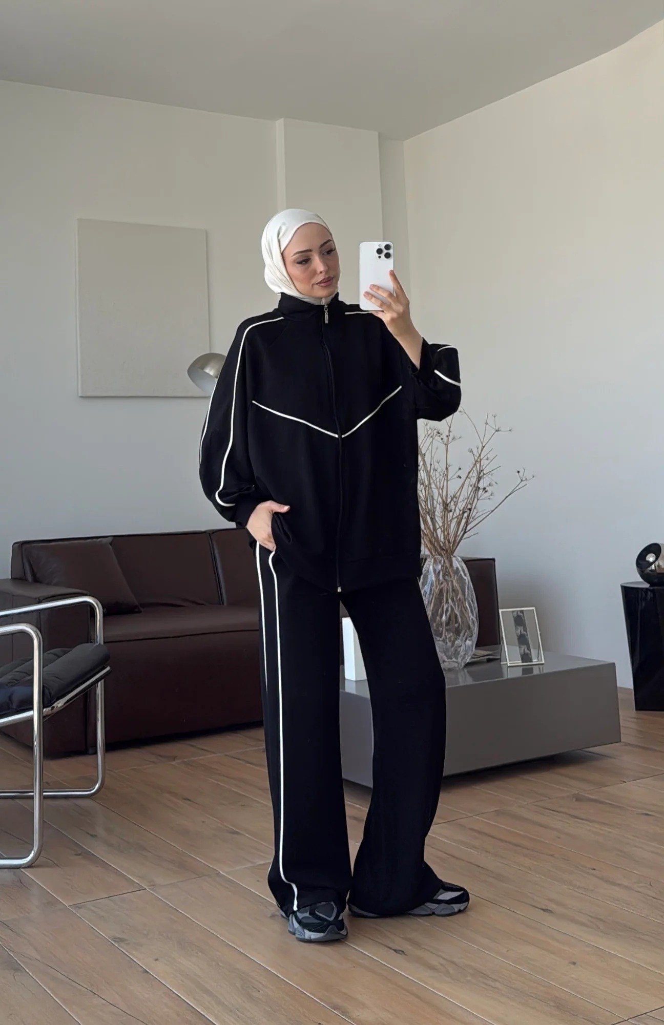 Kadın Garnili Biyeli Tunik ve Pantolon Spor İkili Takım M62819 - Siyah
