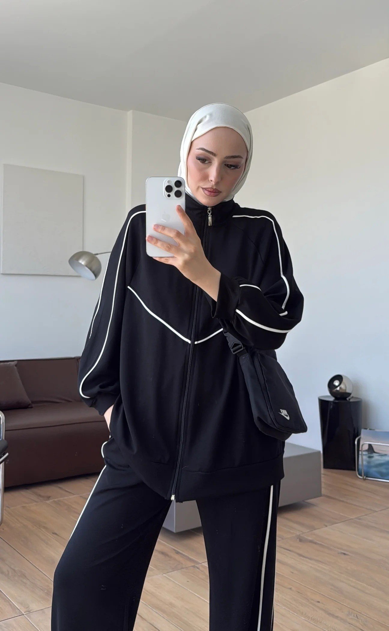 Kadın Garnili Biyeli Tunik ve Pantolon Spor İkili Takım M62819 - Siyah