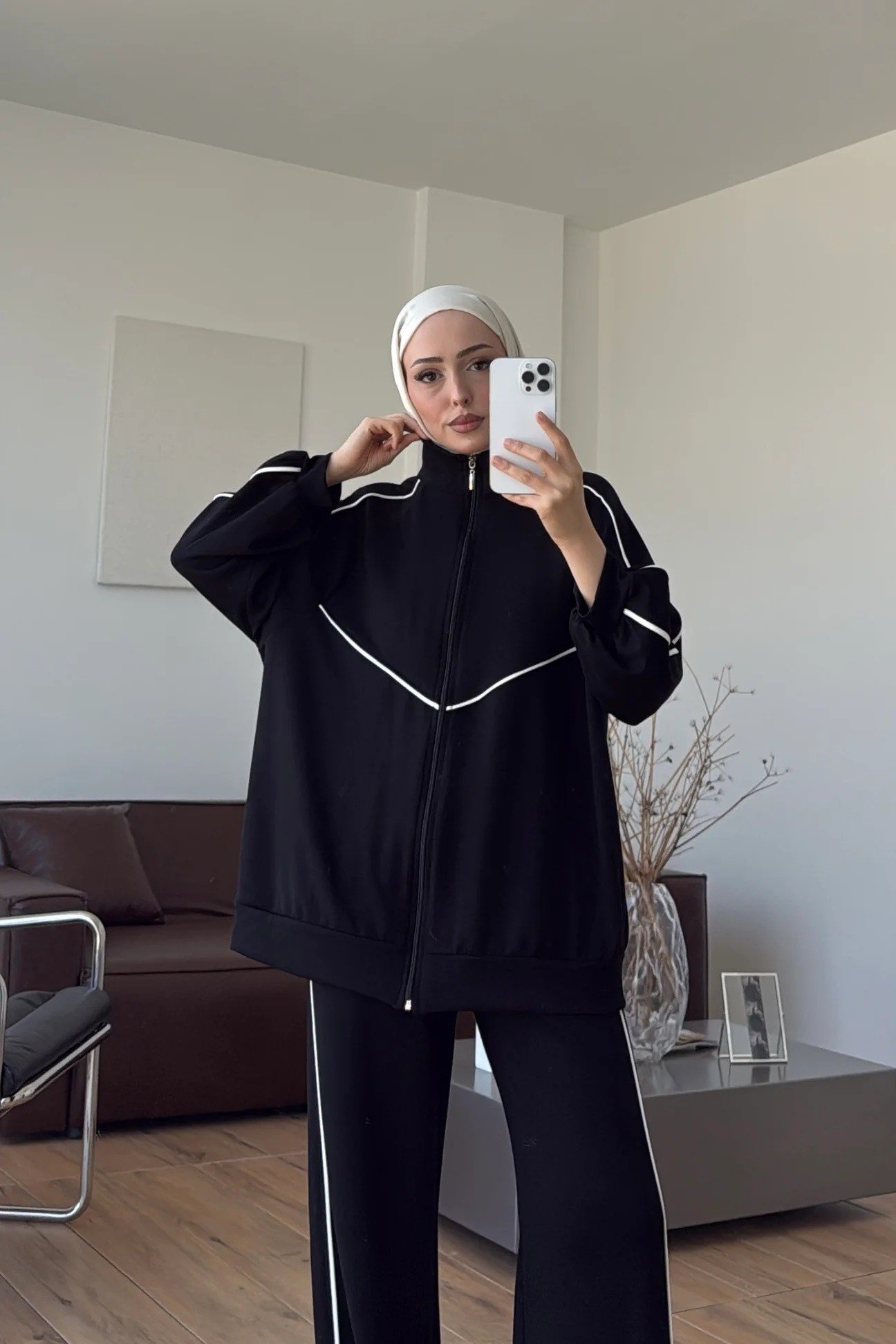 Kadın Garnili Biyeli Tunik ve Pantolon Spor İkili Takım M62819 - Siyah