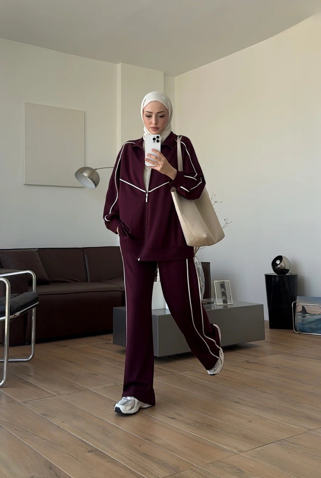Kadın Garnili Biyeli Tunik ve Pantolon Spor İkili Takım M62819 - Bordo