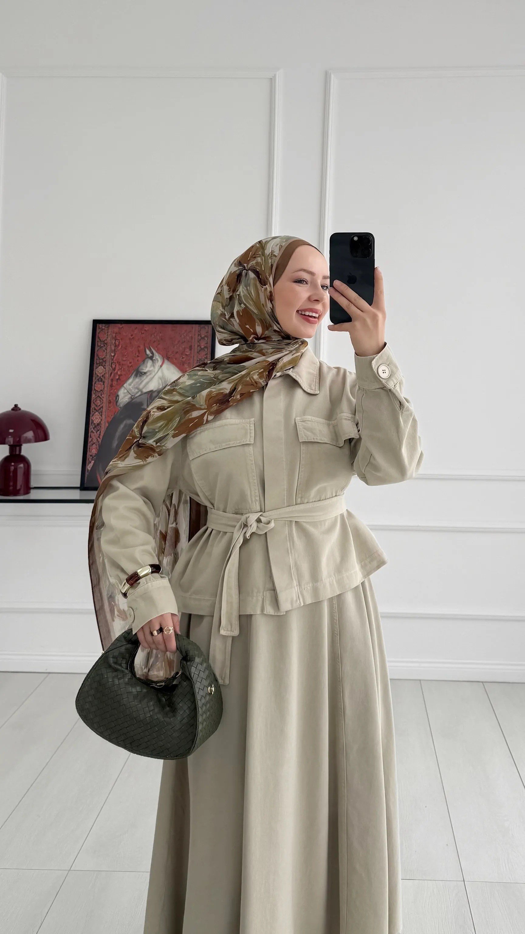 Kadın Gizli Düğmeli ve Kuşaklı Denim Etek Takım - Taş