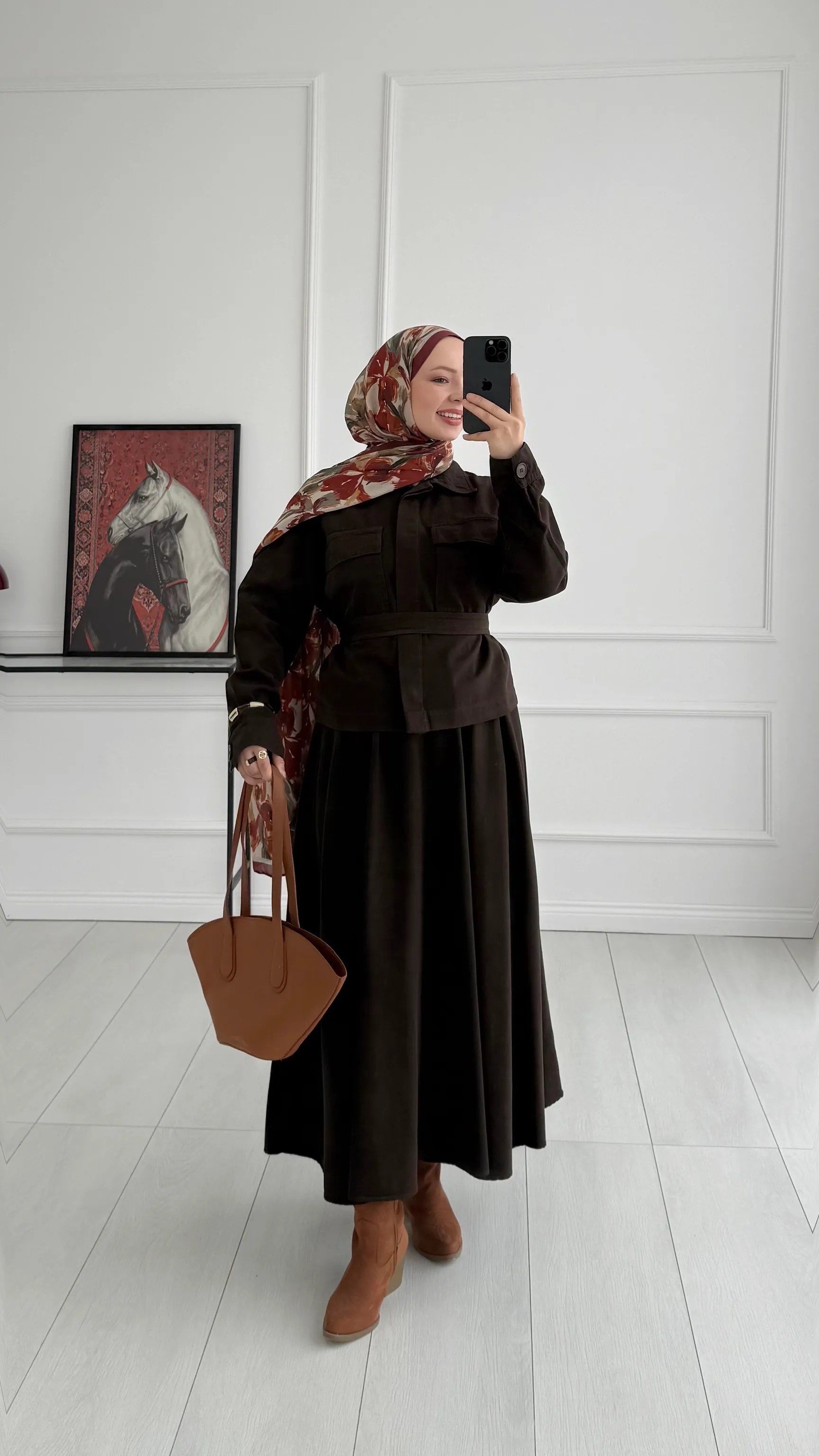 Kadın Gizli Düğmeli ve Kuşaklı Denim Etek Takım - Kahverengi