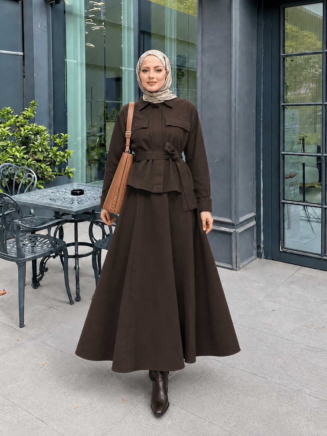 Kadın Gizli Düğmeli ve Kuşaklı Denim Etek Takım - Kahverengi
